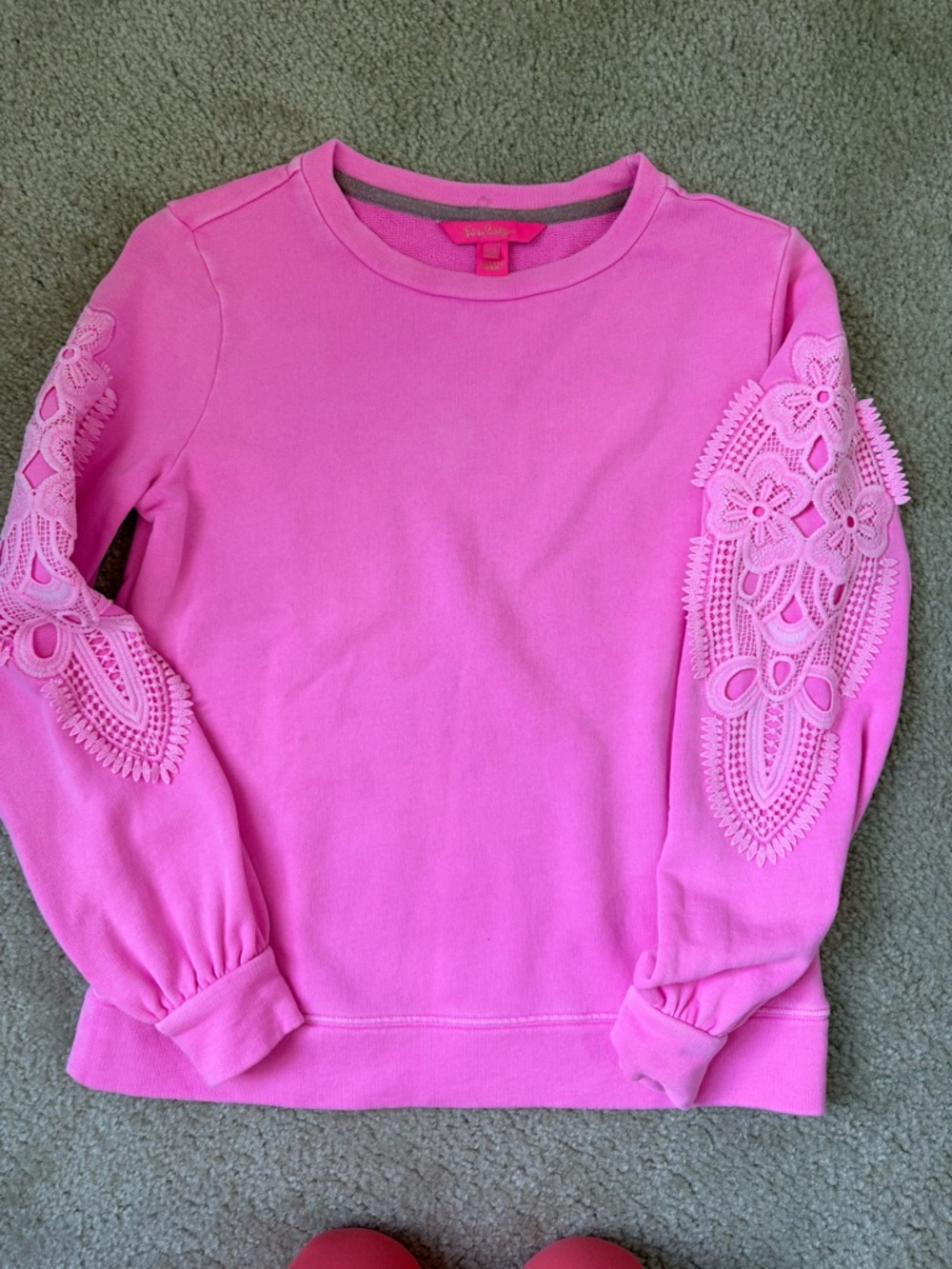 Lilly Pulitzer XXS Bright Pink Crochet Applique Sleeve Sweatshirt